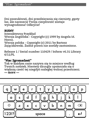 Gargoyle interactive fiction player on Kindle Touch; screenshot; game: Ruiny